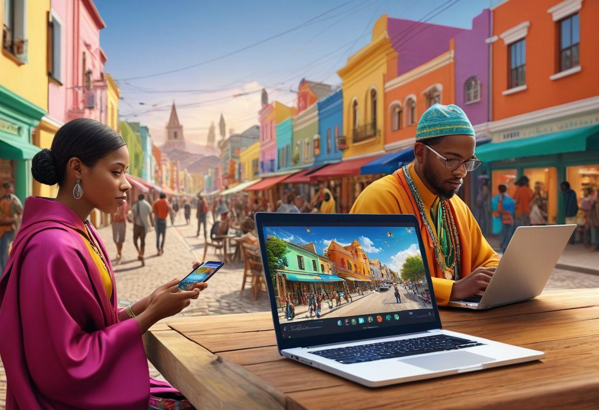 An image showcasing a diverse community in a Region 8 urban area interacting with modern technology. Residents using laptops and smartphones, local landmarks in the background, and colorful digital maps showing connectivity. Highlight local cultural elements like traditional clothing or regional architecture blending with tech devices. Vibrant colors. super-realistic.