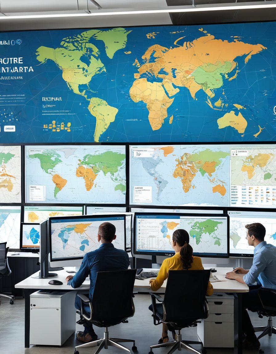 A sleek, modern office with a team of professionals collaborating on large computer screens displaying regional website analytics, maps focusing on Region 8, and tailored design elements. The background features hints of regional landmarks with subtle tech-themed decorations. super-realistic. vibrant colors.